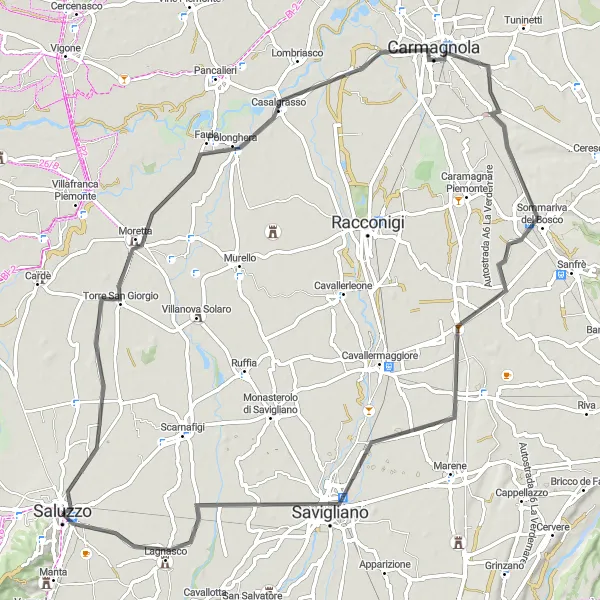 Miniatua del mapa de inspiración ciclista "Ruta de los Castelli Tapparelli D'Azeglio" en Piemonte, Italy. Generado por Tarmacs.app planificador de rutas ciclistas
