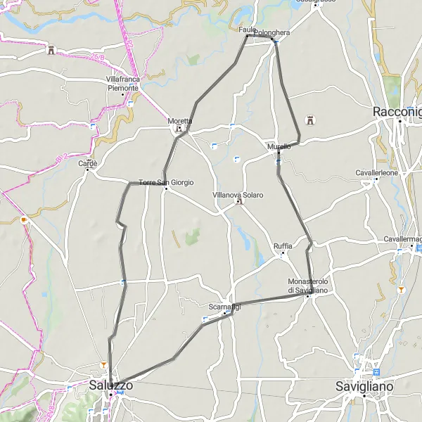 Mapa miniatúra "Cycling Loop around Saluzzo" cyklistická inšpirácia v Piemonte, Italy. Vygenerované cyklistickým plánovačom trás Tarmacs.app