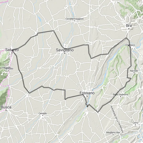 Zemljevid v pomanjšavi "Kolesarska pot po Saluzzu in okolici" kolesarske inspiracije v Piemonte, Italy. Generirano z načrtovalcem kolesarskih poti Tarmacs.app