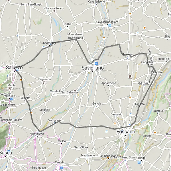 Miniatura della mappa di ispirazione al ciclismo "Giro delle Torri Saluzzesi" nella regione di Piemonte, Italy. Generata da Tarmacs.app, pianificatore di rotte ciclistiche