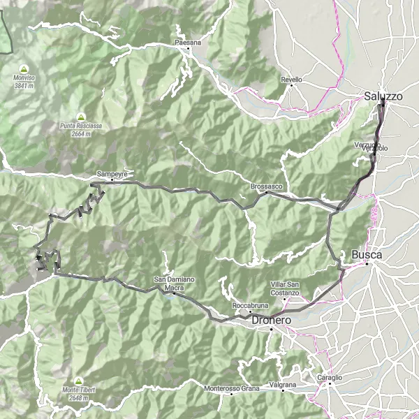 Karten-Miniaturansicht der Radinspiration "Herausfordernde Strecke mit Castello della Manta und Morra del Villar" in Piemonte, Italy. Erstellt vom Tarmacs.app-Routenplaner für Radtouren