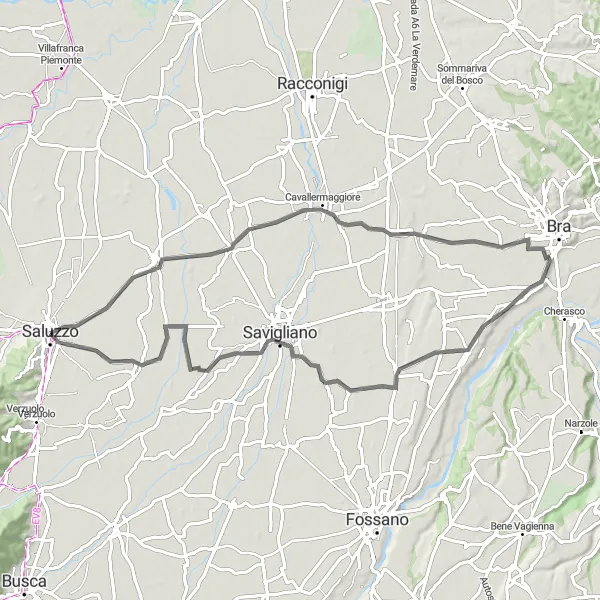 Miniaturní mapa "Saluzzo - Roreto - Castelli Tapparelli D'Azeglio Route" inspirace pro cyklisty v oblasti Piemonte, Italy. Vytvořeno pomocí plánovače tras Tarmacs.app