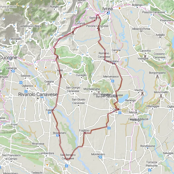 Miniatura della mappa di ispirazione al ciclismo "Esplorando le strade sterrate intorno a Samone" nella regione di Piemonte, Italy. Generata da Tarmacs.app, pianificatore di rotte ciclistiche