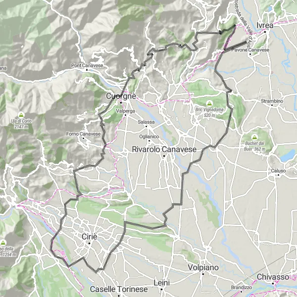 Miniaturní mapa "Náročný okruh kolem Samone na silnici" inspirace pro cyklisty v oblasti Piemonte, Italy. Vytvořeno pomocí plánovače tras Tarmacs.app