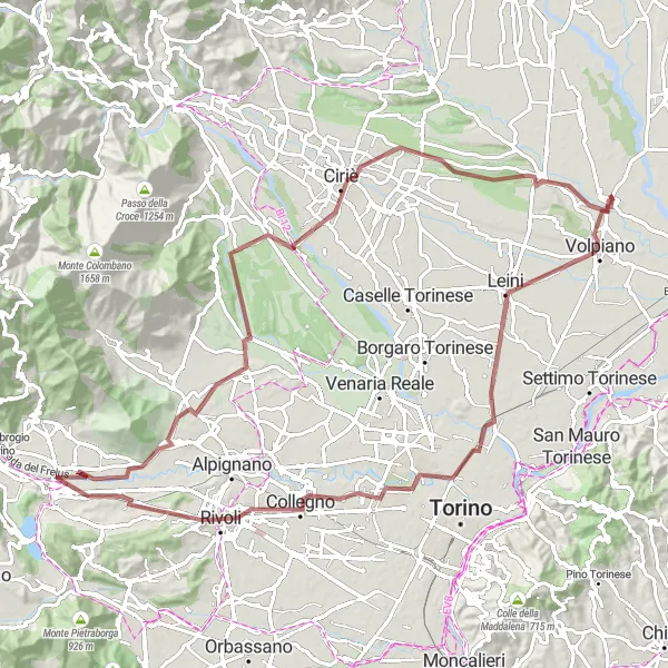 Map miniature of "Leini Gravel Adventure" cycling inspiration in Piemonte, Italy. Generated by Tarmacs.app cycling route planner