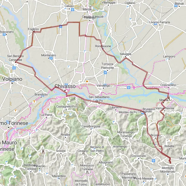 Zemljevid v pomanjšavi "Kolesarska pot okoli San Benigno Canavese" kolesarske inspiracije v Piemonte, Italy. Generirano z načrtovalcem kolesarskih poti Tarmacs.app