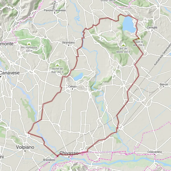 Miniatua del mapa de inspiración ciclista "Ruta de grava hacia Saluggia" en Piemonte, Italy. Generado por Tarmacs.app planificador de rutas ciclistas