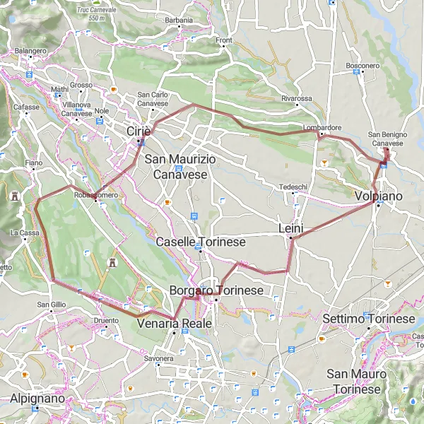 Miniatua del mapa de inspiración ciclista "Ruta de Grava de San Benigno Canavese a Lombardore" en Piemonte, Italy. Generado por Tarmacs.app planificador de rutas ciclistas