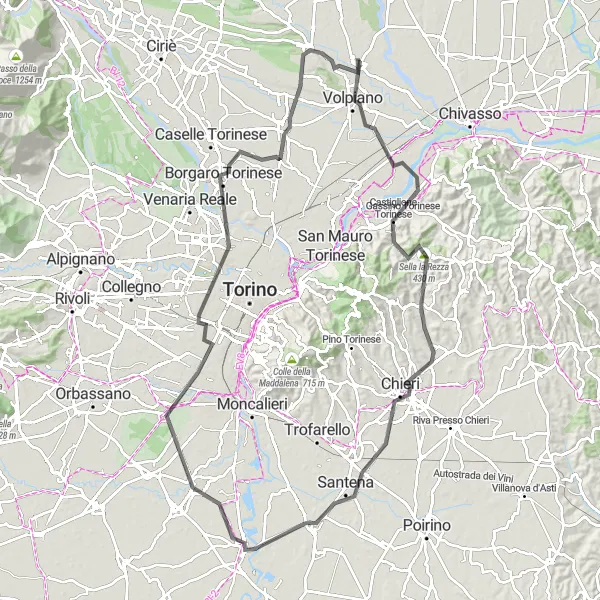 Map miniature of "Torino Loop" cycling inspiration in Piemonte, Italy. Generated by Tarmacs.app cycling route planner