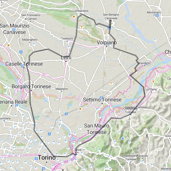 Kartminiatyr av "Runtur från San Benigno Canavese till Lombardore" cykelinspiration i Piemonte, Italy. Genererad av Tarmacs.app cykelruttplanerare