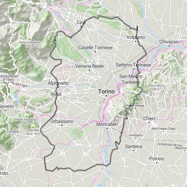 Map miniature of "Volpiano to Rivoli Cycling Adventure" cycling inspiration in Piemonte, Italy. Generated by Tarmacs.app cycling route planner