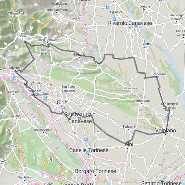 Map miniature of "Leini to Rocca Canavese Scenic Ride" cycling inspiration in Piemonte, Italy. Generated by Tarmacs.app cycling route planner