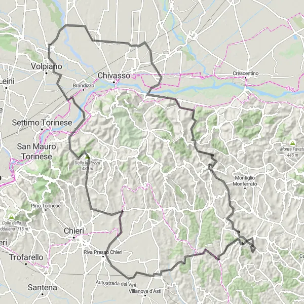 Miniatua del mapa de inspiración ciclista "Gran recorrido a través de Montanaro, Arignano y más" en Piemonte, Italy. Generado por Tarmacs.app planificador de rutas ciclistas