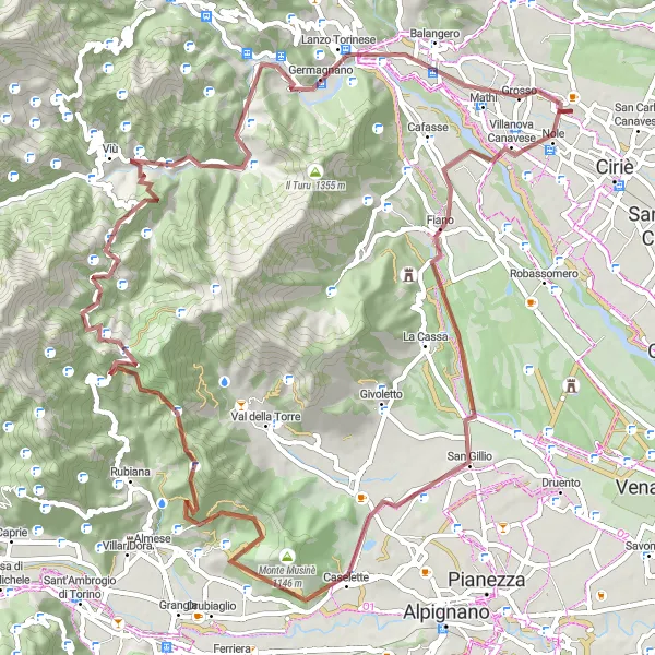 Miniaturní mapa "Gravelová okružní cyklistická trasa kolem San Carla Canavese" inspirace pro cyklisty v oblasti Piemonte, Italy. Vytvořeno pomocí plánovače tras Tarmacs.app