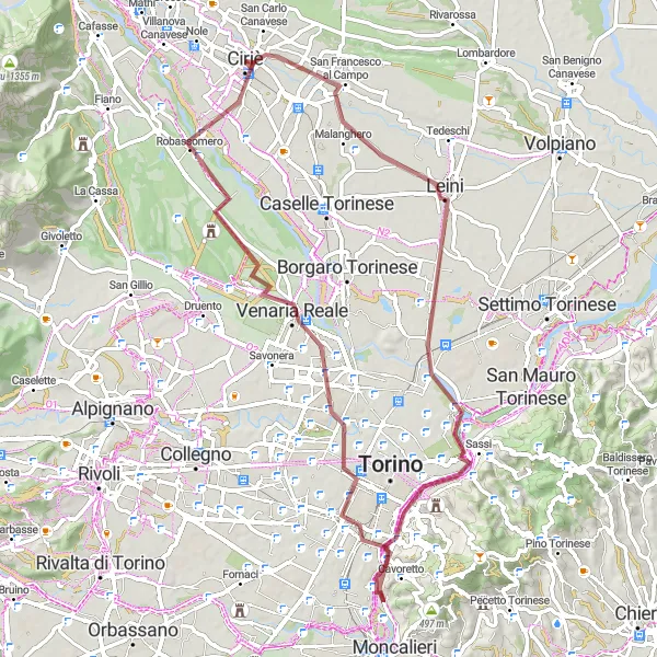 Mapa miniatúra "Gravel trasa s nádychom histórie" cyklistická inšpirácia v Piemonte, Italy. Vygenerované cyklistickým plánovačom trás Tarmacs.app