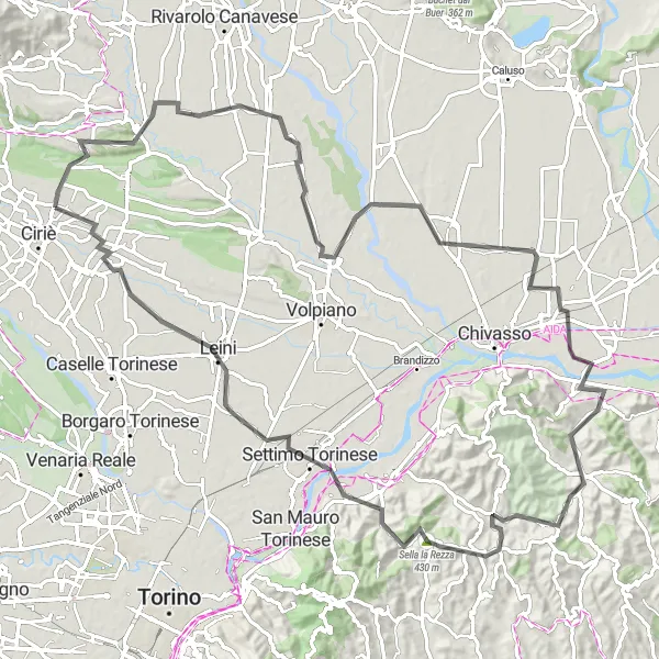 Miniatura della mappa di ispirazione al ciclismo "Escursione in bici Strada di 100 km vicino a San Carlo Canavese" nella regione di Piemonte, Italy. Generata da Tarmacs.app, pianificatore di rotte ciclistiche
