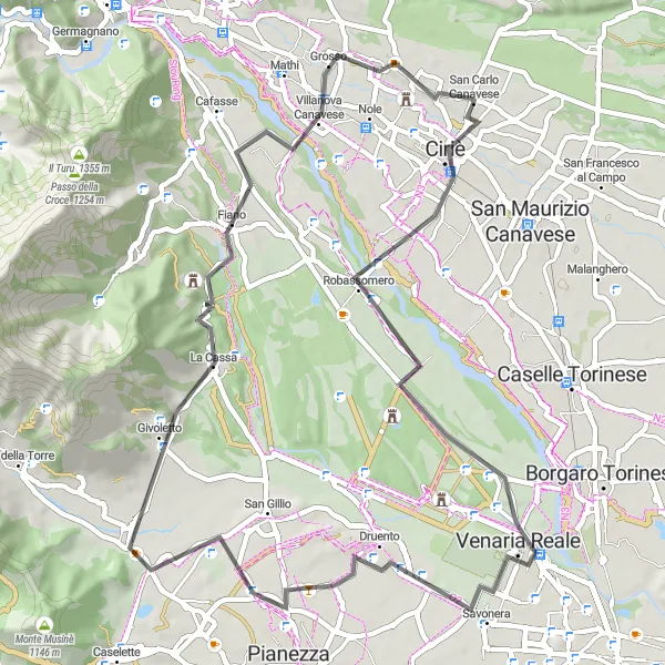 Kartminiatyr av "Vägcykling runt San Carlo Canavese" cykelinspiration i Piemonte, Italy. Genererad av Tarmacs.app cykelruttplanerare