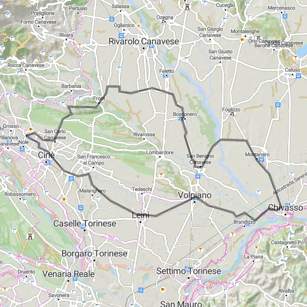 Miniatua del mapa de inspiración ciclista "Ruta de ciclismo de carretera a través de Vauda Canavese y Chivasso" en Piemonte, Italy. Generado por Tarmacs.app planificador de rutas ciclistas