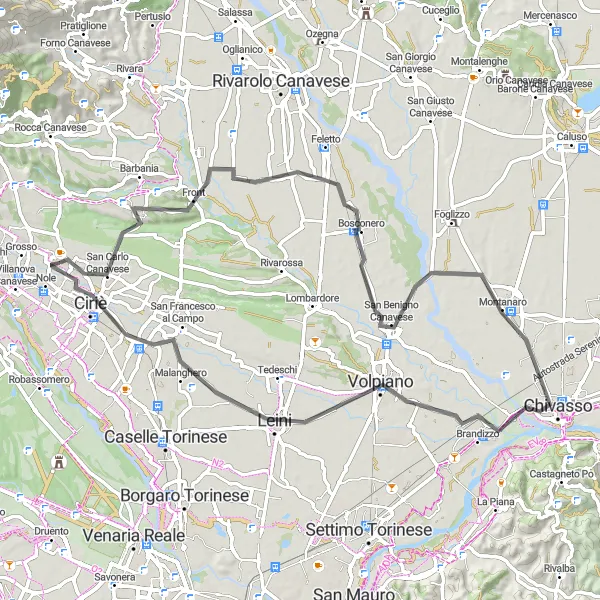 Miniatura della mappa di ispirazione al ciclismo "Itinerario Panoramico tra le Colline Piemontesi" nella regione di Piemonte, Italy. Generata da Tarmacs.app, pianificatore di rotte ciclistiche