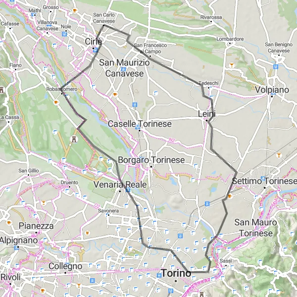 Mapa miniatúra "Jazda na ceste okolo San Carla Canavese" cyklistická inšpirácia v Piemonte, Italy. Vygenerované cyklistickým plánovačom trás Tarmacs.app