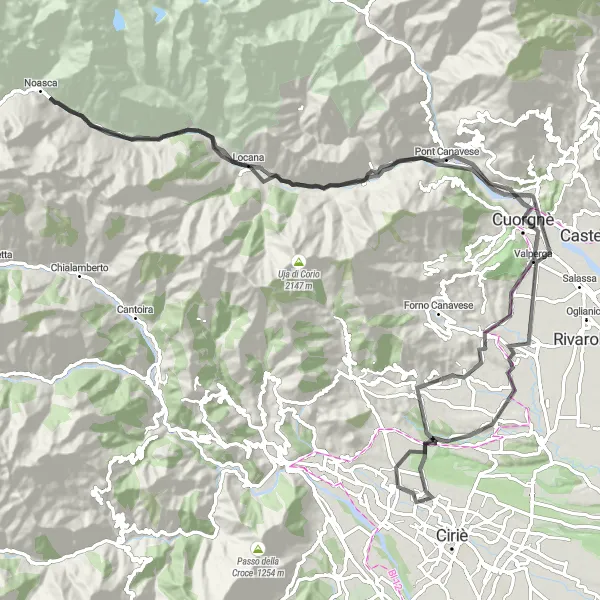 Miniatura della mappa di ispirazione al ciclismo "Giro in bici Strada di 110 km dal San Carlo Canavese" nella regione di Piemonte, Italy. Generata da Tarmacs.app, pianificatore di rotte ciclistiche