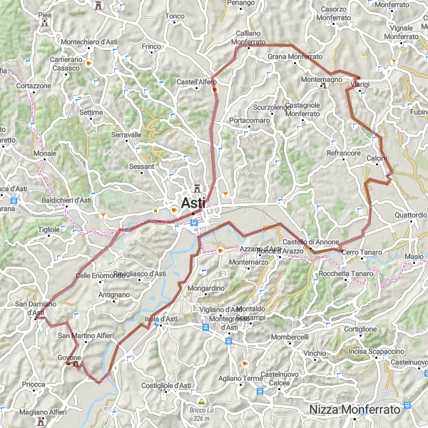 Miniatua del mapa de inspiración ciclista "Ruta de Ciclismo en Grava a Grana Monferrato y Isola d'Asti" en Piemonte, Italy. Generado por Tarmacs.app planificador de rutas ciclistas
