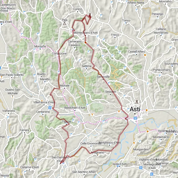 Kartminiatyr av "Tigliole og Montechiaro d'Asti Utforskning" sykkelinspirasjon i Piemonte, Italy. Generert av Tarmacs.app sykkelrutoplanlegger
