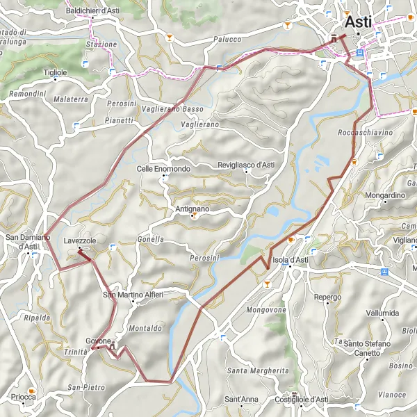 Miniatua del mapa de inspiración ciclista "Ruta de Ciclismo Gravel a Isola d'Asti y San Martino Alfieri" en Piemonte, Italy. Generado por Tarmacs.app planificador de rutas ciclistas
