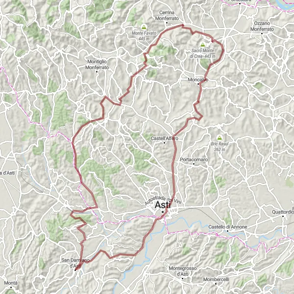 Map miniature of "Moncalvo and Baldichieri d'Asti Gravel Route" cycling inspiration in Piemonte, Italy. Generated by Tarmacs.app cycling route planner