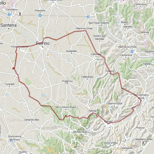 Miniatua del mapa de inspiración ciclista "Ruta de Ciclismo en Grava a Ferrere y Villanova d'Asti" en Piemonte, Italy. Generado por Tarmacs.app planificador de rutas ciclistas