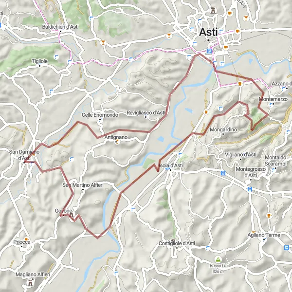 Kartminiatyr av "Grusvägsäventyret till San Martino Alfieri" cykelinspiration i Piemonte, Italy. Genererad av Tarmacs.app cykelruttplanerare