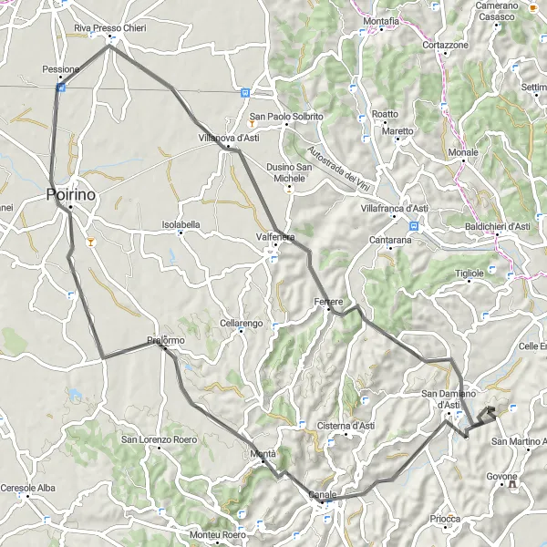 Map miniature of "Asti Countryside Escape" cycling inspiration in Piemonte, Italy. Generated by Tarmacs.app cycling route planner