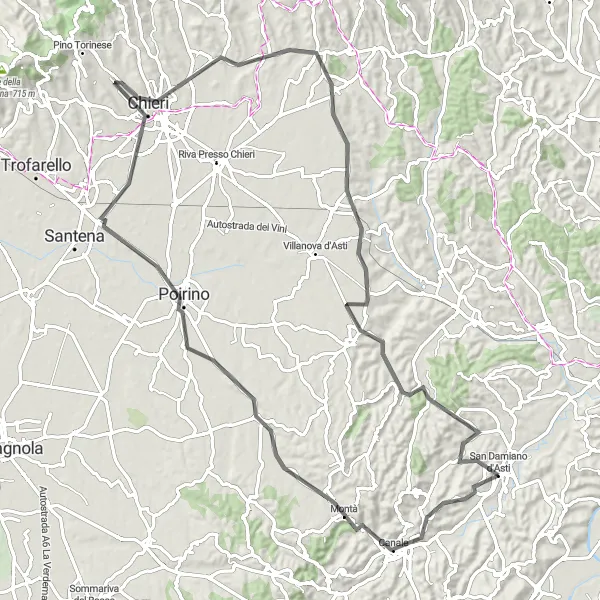 Miniatua del mapa de inspiración ciclista "Ruta de Ciclismo de Carretera a Poirino y Chieri" en Piemonte, Italy. Generado por Tarmacs.app planificador de rutas ciclistas