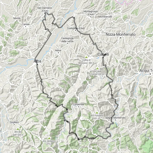 Miniature de la carte de l'inspiration cycliste "Les Collines Piémontaises" dans la Piemonte, Italy. Générée par le planificateur d'itinéraire cycliste Tarmacs.app