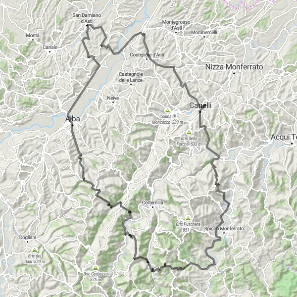 Miniaturní mapa "Náročná výzva po vinárenské krajině" inspirace pro cyklisty v oblasti Piemonte, Italy. Vytvořeno pomocí plánovače tras Tarmacs.app