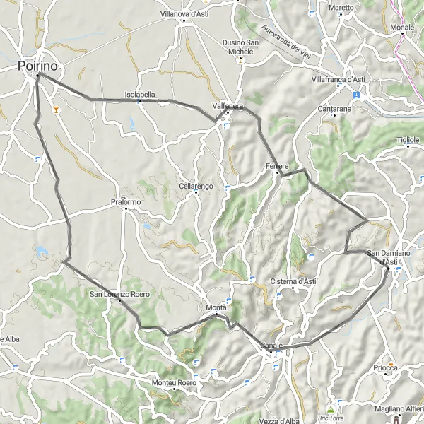 Miniatura della mappa di ispirazione al ciclismo "Passeggiata panoramica in bicicletta nei dintorni di San Damiano d'Asti" nella regione di Piemonte, Italy. Generata da Tarmacs.app, pianificatore di rotte ciclistiche