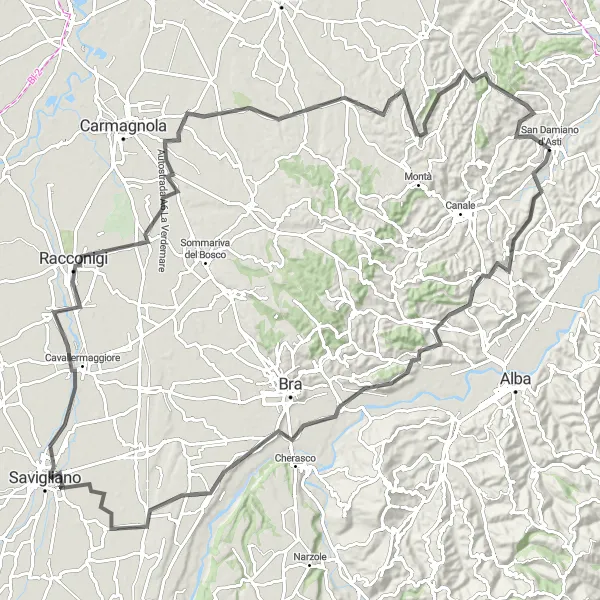 Kartminiatyr av "Langs landeveien til Racconigi-slottet" sykkelinspirasjon i Piemonte, Italy. Generert av Tarmacs.app sykkelrutoplanlegger