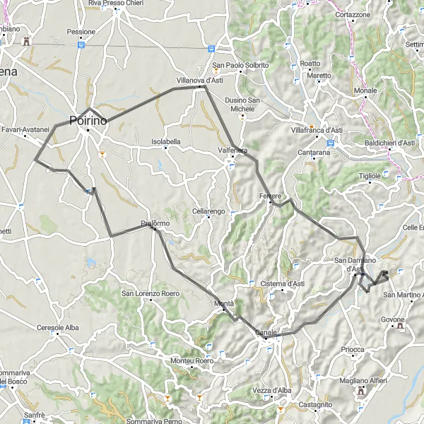 Miniatura della mappa di ispirazione al ciclismo "Giro ciclistico delle colline di San Damiano d'Asti" nella regione di Piemonte, Italy. Generata da Tarmacs.app, pianificatore di rotte ciclistiche