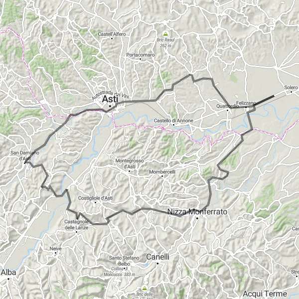 Miniaturní mapa "Okruh kolem San Damiana d'Asti" inspirace pro cyklisty v oblasti Piemonte, Italy. Vytvořeno pomocí plánovače tras Tarmacs.app