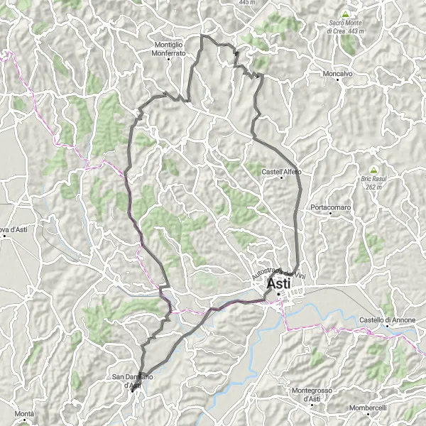 Kartminiatyr av "Upplev Astis omgivningar" cykelinspiration i Piemonte, Italy. Genererad av Tarmacs.app cykelruttplanerare