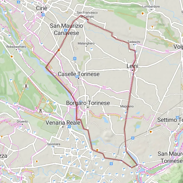 Miniatua del mapa de inspiración ciclista "Ruta del Gravel Leini-Madonna di Campagna-San Maurizio Canavese" en Piemonte, Italy. Generado por Tarmacs.app planificador de rutas ciclistas