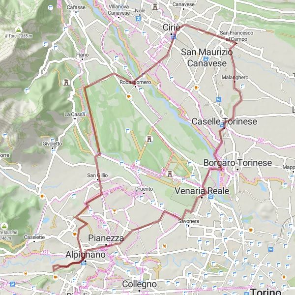 Miniaturekort af cykelinspirationen "Grusvej fra San Francesco al Campo til Ciriè" i Piemonte, Italy. Genereret af Tarmacs.app cykelruteplanlægger