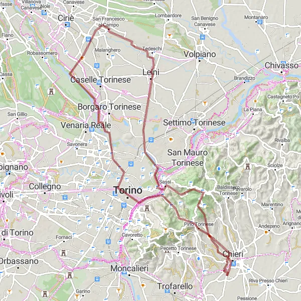 Miniatua del mapa de inspiración ciclista "Ruta de ciclismo de grava a Superga" en Piemonte, Italy. Generado por Tarmacs.app planificador de rutas ciclistas