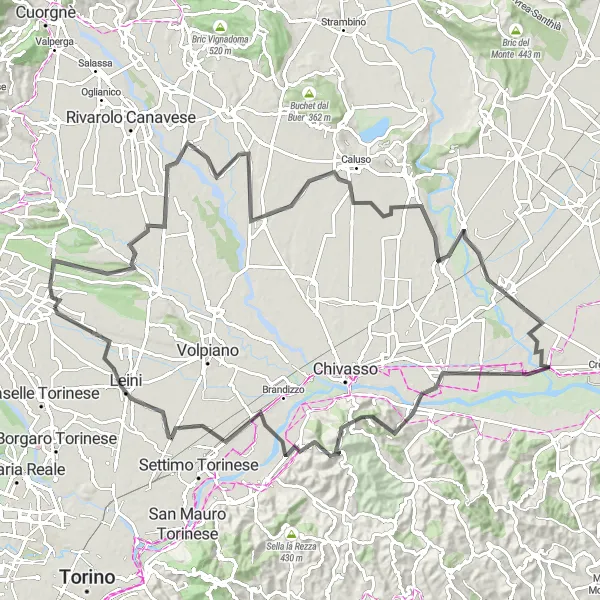 Map miniature of "The Canavese Challenge" cycling inspiration in Piemonte, Italy. Generated by Tarmacs.app cycling route planner