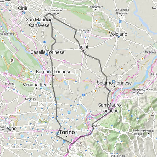 Miniatua del mapa de inspiración ciclista "Ruta panorámica a través de Turín" en Piemonte, Italy. Generado por Tarmacs.app planificador de rutas ciclistas