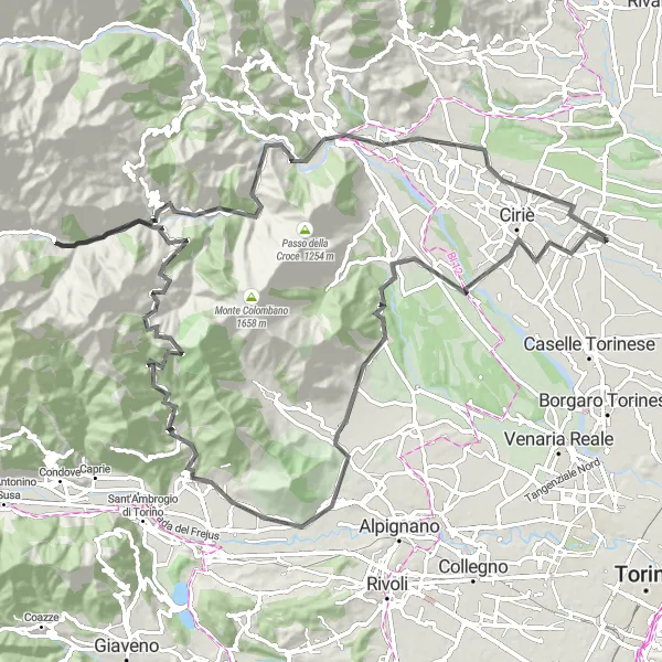Miniatura della mappa di ispirazione al ciclismo "Giro panoramico tra San Francesco al Campo e Lanzo Torinese" nella regione di Piemonte, Italy. Generata da Tarmacs.app, pianificatore di rotte ciclistiche