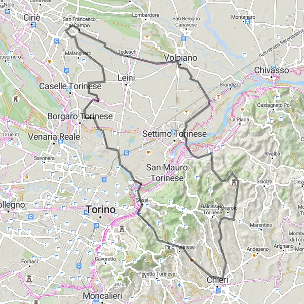 Miniatua del mapa de inspiración ciclista "Ruta en Carretera Volpiano-Settimo Torinese-Sella la Rezza-Chieri-Montosolo-Borgaro Torinese-Malanghero" en Piemonte, Italy. Generado por Tarmacs.app planificador de rutas ciclistas