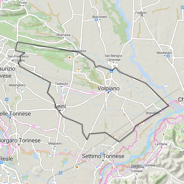 Miniaturekort af cykelinspirationen "Historisk tur fra San Francesco al Campo til Leini" i Piemonte, Italy. Genereret af Tarmacs.app cykelruteplanlægger