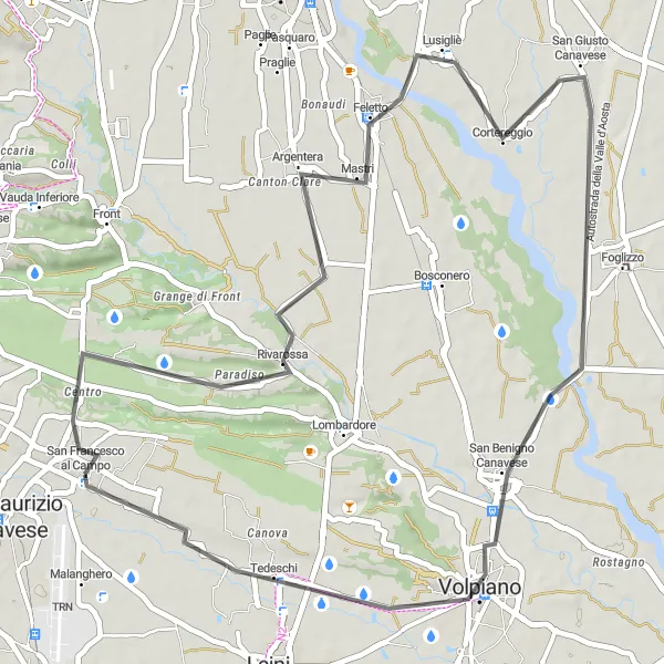 Miniatua del mapa de inspiración ciclista "Ruta de ciclismo de carretera a San Benigno Canavese" en Piemonte, Italy. Generado por Tarmacs.app planificador de rutas ciclistas