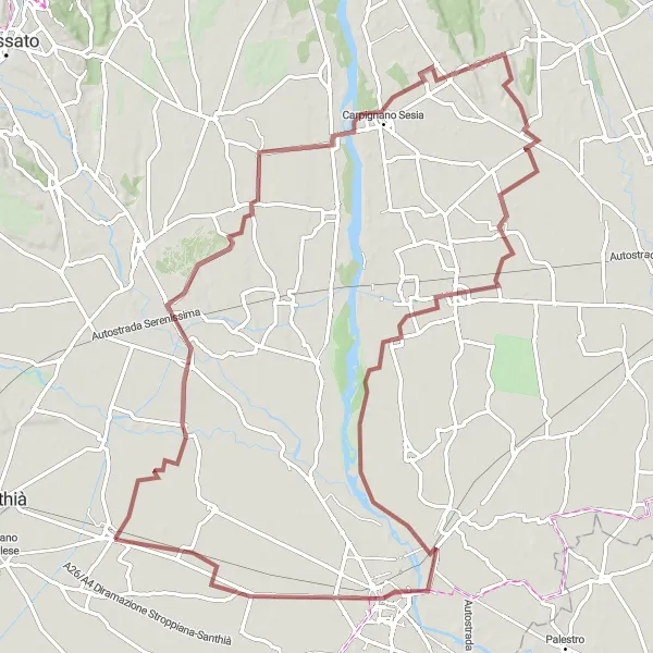 Mapa miniatúra "Gravelová výprava v okolí San Germano Vercellese" cyklistická inšpirácia v Piemonte, Italy. Vygenerované cyklistickým plánovačom trás Tarmacs.app